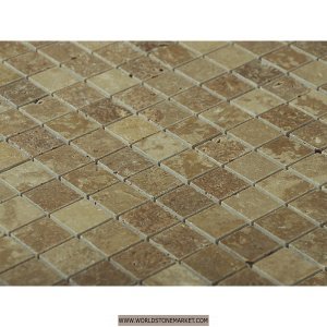 Travertine Noce brushed mosaic, 2x2x1 cm, in a brown shade.