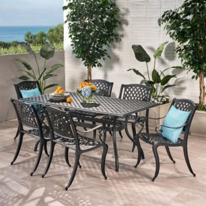 GDF Studio Marietta Outdoor 7-Piece Cast Aluminum Black Sand Dining Set